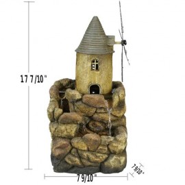 17.7in 3-Tiered Resin Rock&Castle Lighthouse Windmill Tabletop Water Fountain w/ 3 LED Lights