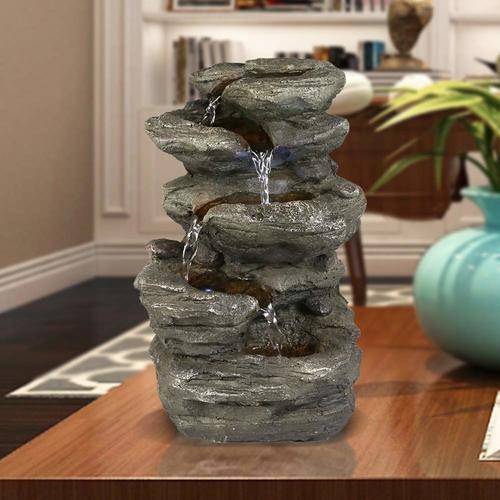 11inches Indoor Table Waterfalls Rockery Tiered Rock Water Feature w/ LED Lights